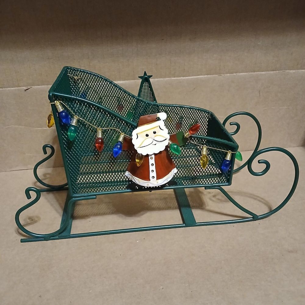 Green Metal Sleigh Decorated Christmas Santa Tree Lights